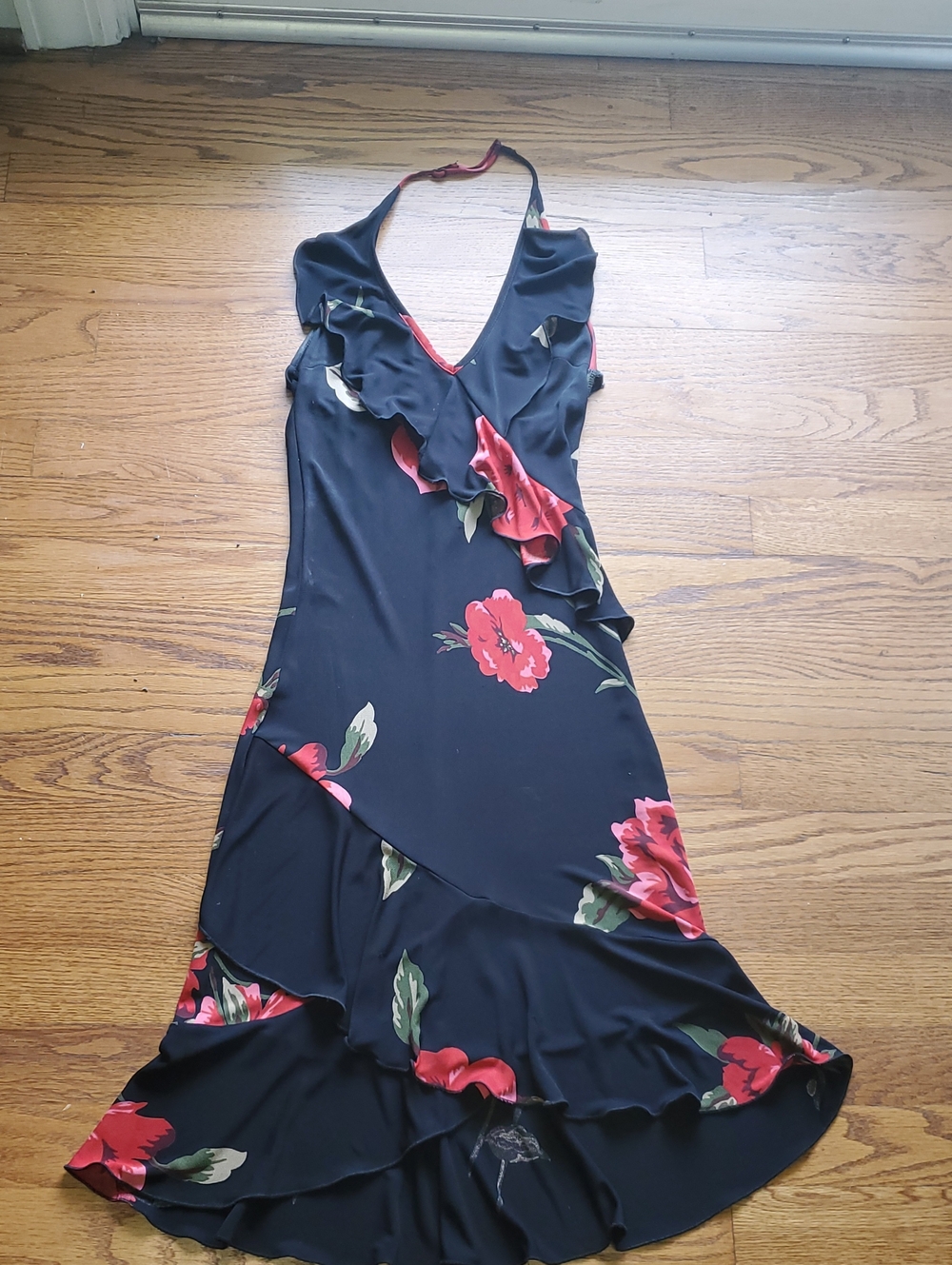 bebe Halter Black Mini Dress with Red Floral Ruffles